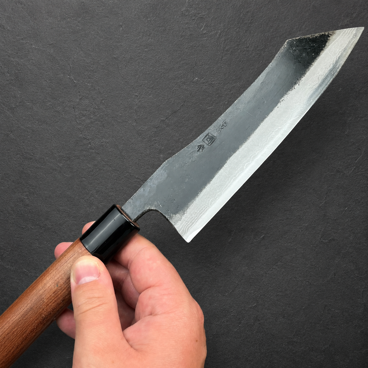 Tosa Tsukasa Kiritsuke Santoku 165mm Aogami no. 2  Suminagashi Damascus Kurouchi